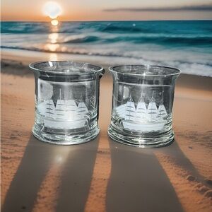 Vintage Hand Etched Crystal Clipper Ship Whiskey On The Rocks Glasses Set Of 2